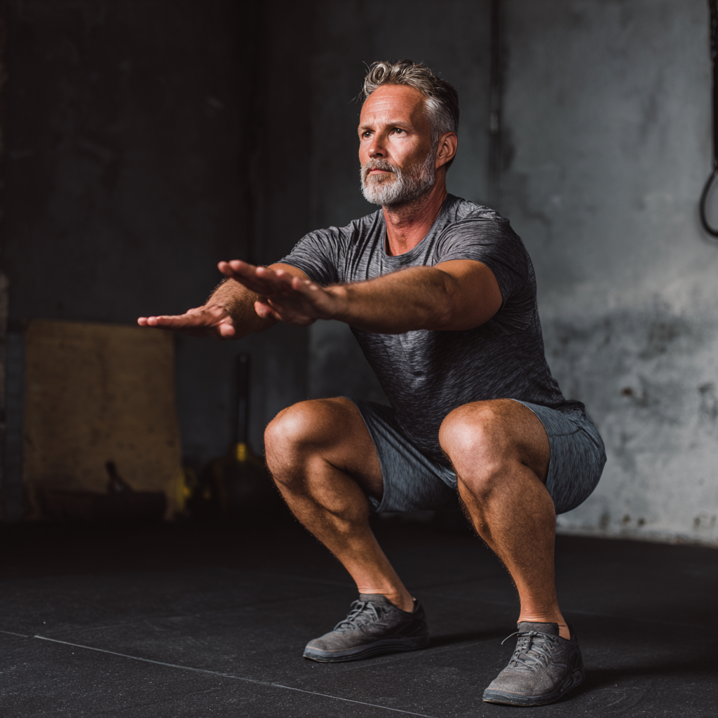 Smiling elderly European man in fitness attire demonstrating strength training exercises in a modern gym