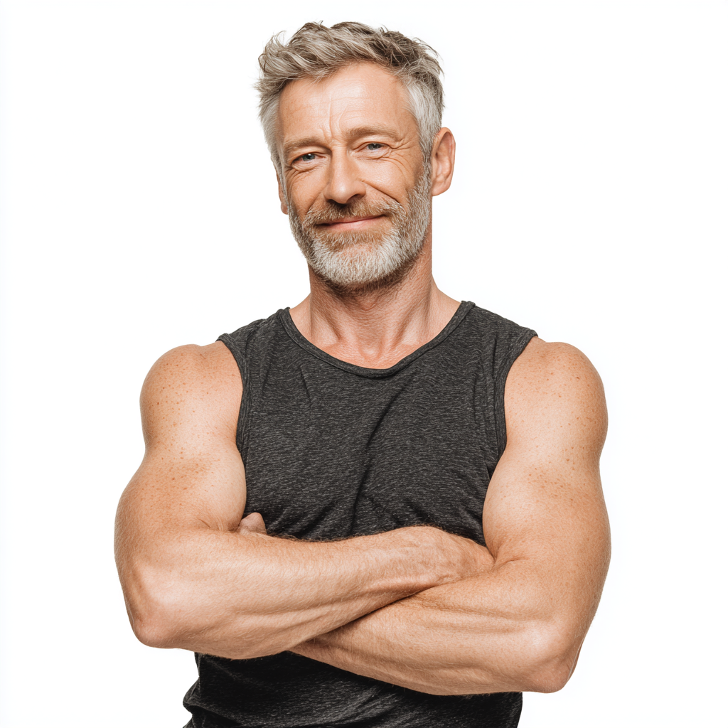 Elderly European man with a healthy smile preparing nutritious meal in a modern kitchen