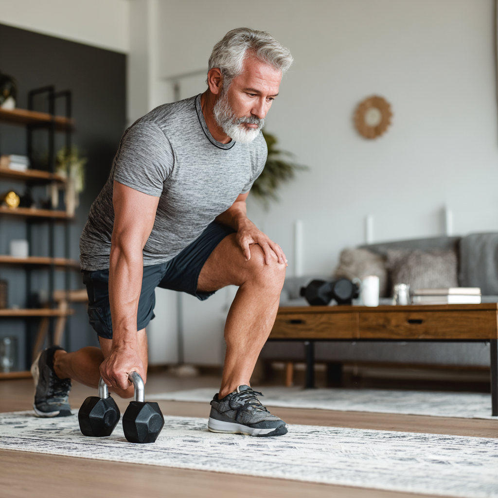 Confident elderly European man in athletic wear displaying strength and energy in outdoor fitness setting